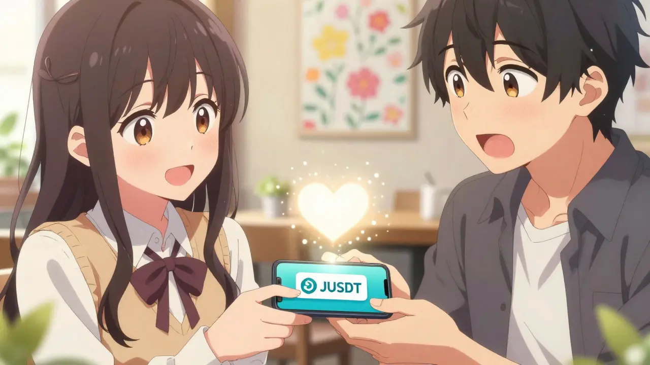 Two anime friends exchanging a digital payment via smartphones