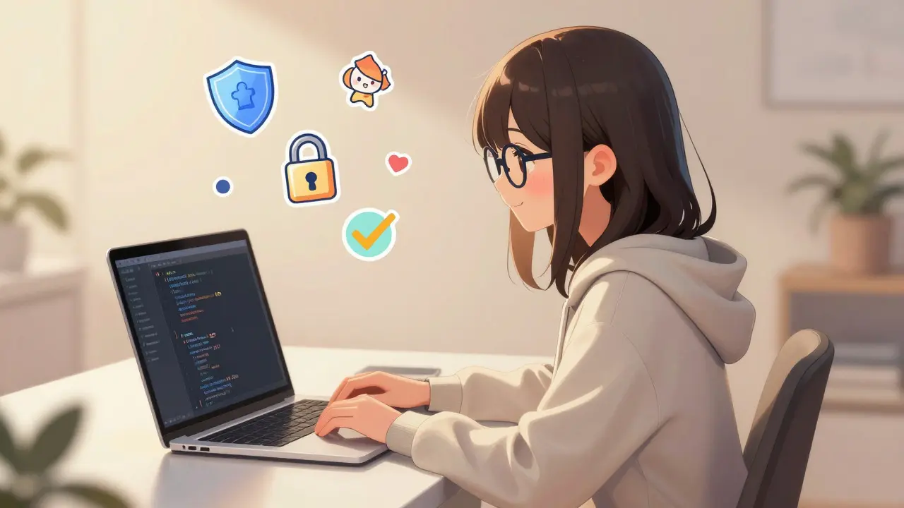 A stylish solo founder developer happily using secure, non-custodial payment tools in a cozy setting.