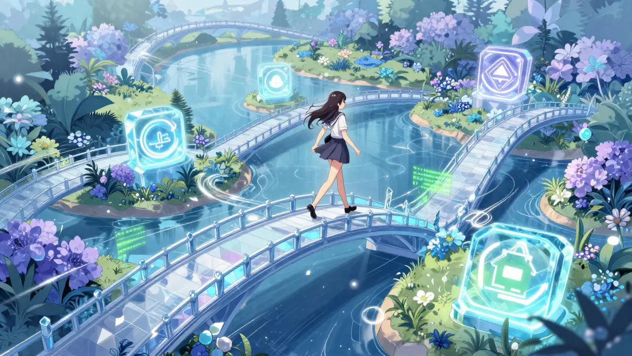 Anime character walking on crystal bridges between blockchain islands