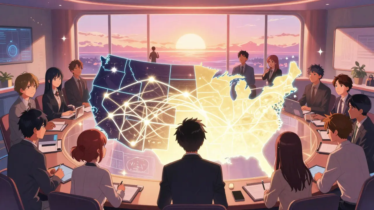 Anime entrepreneurs looking at holographic US crypto map