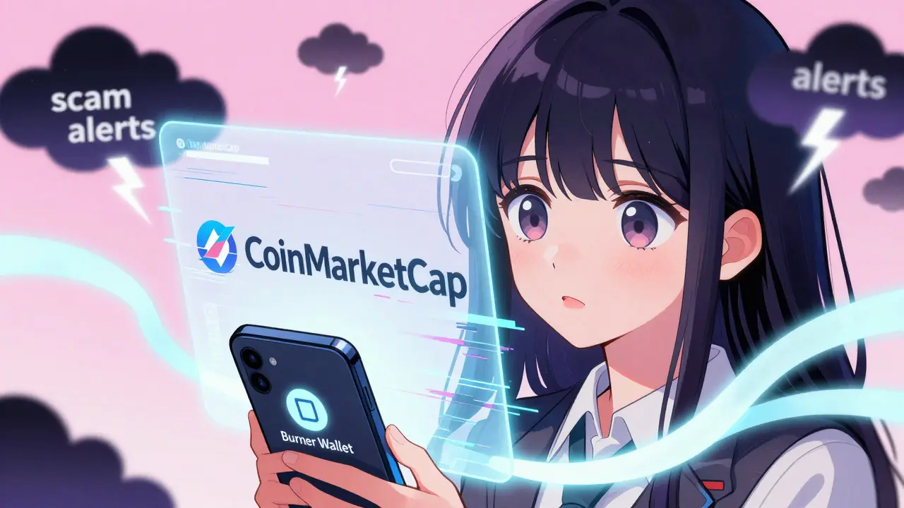 Anime girl checking wallet security against fake CMC airdrop scams in shoujo style.