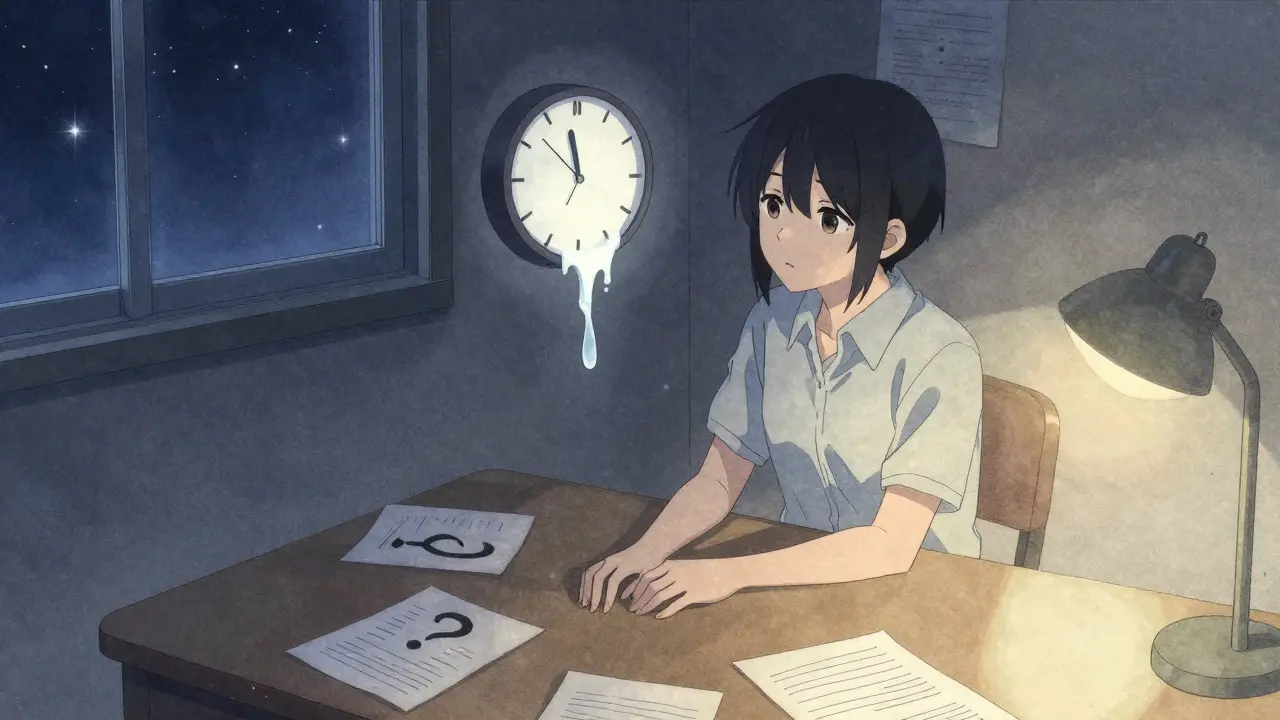 Anime person sitting by a window watching a melting clock