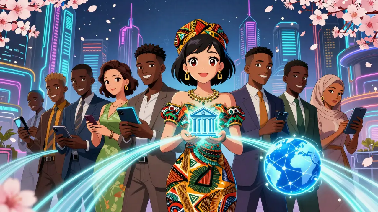 Anime scene of entrepreneurs connecting via glowing digital networks in a city