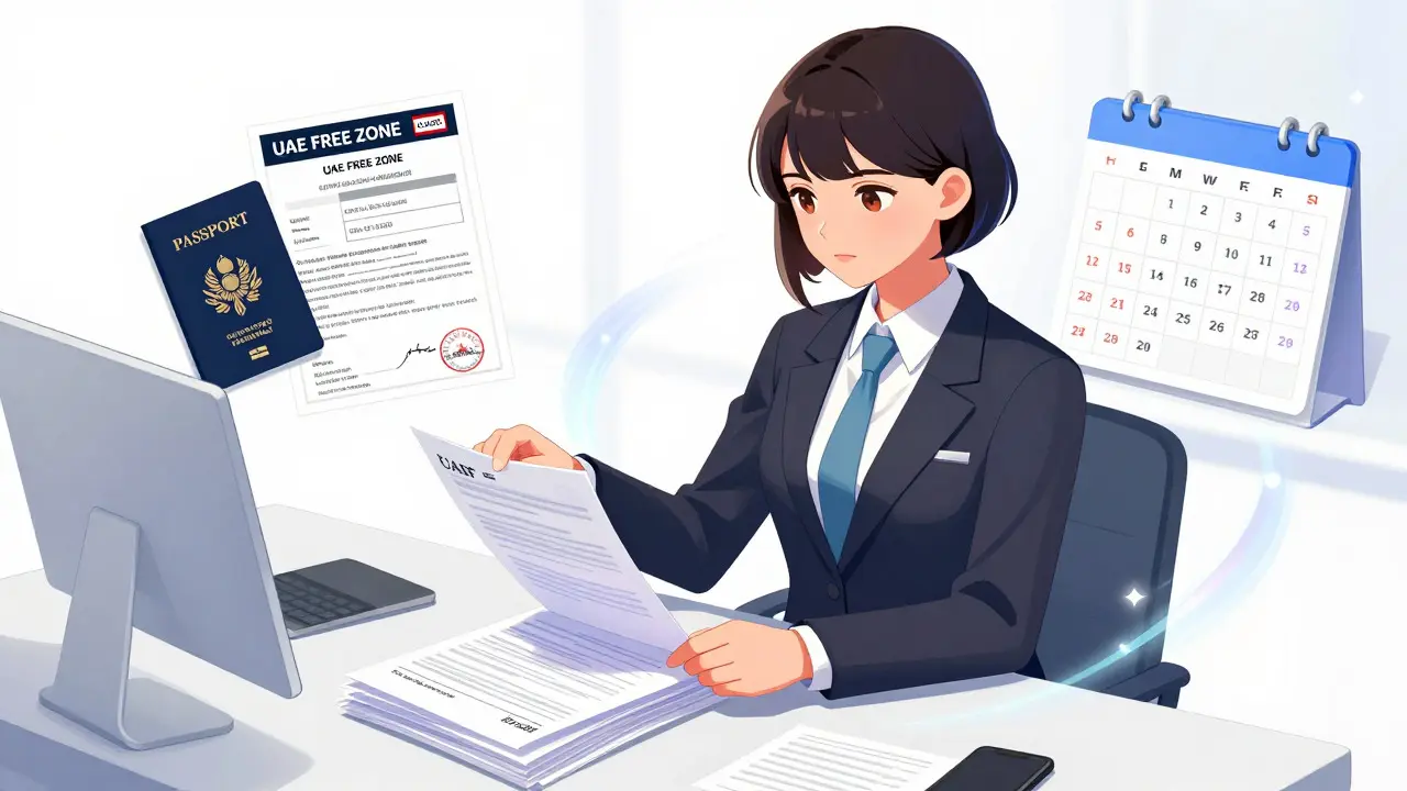 Anime trader organizing visa and residency documents for legal move to Dubai