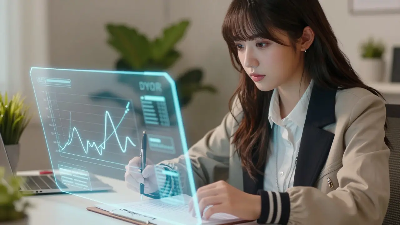 Anime woman calmly analyzing crypto risks on a holographic screen
