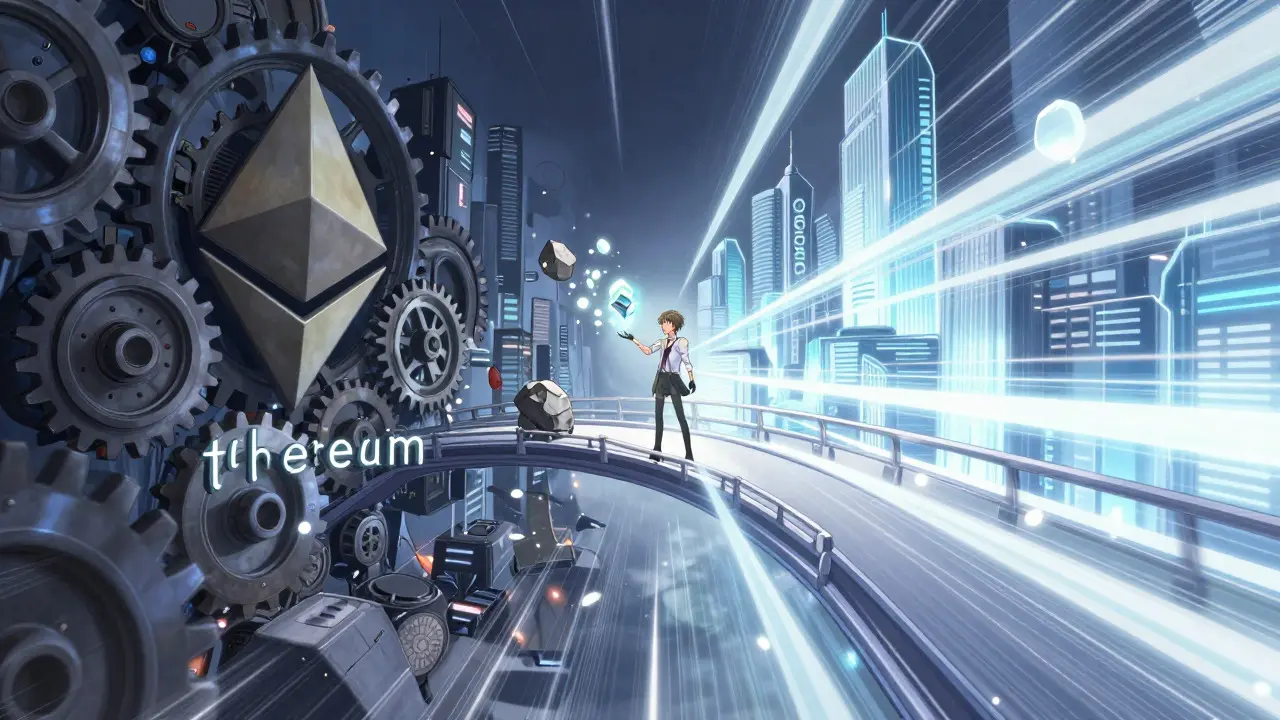 Character crossing a magical bridge between dark and bright cities in shoujo manga