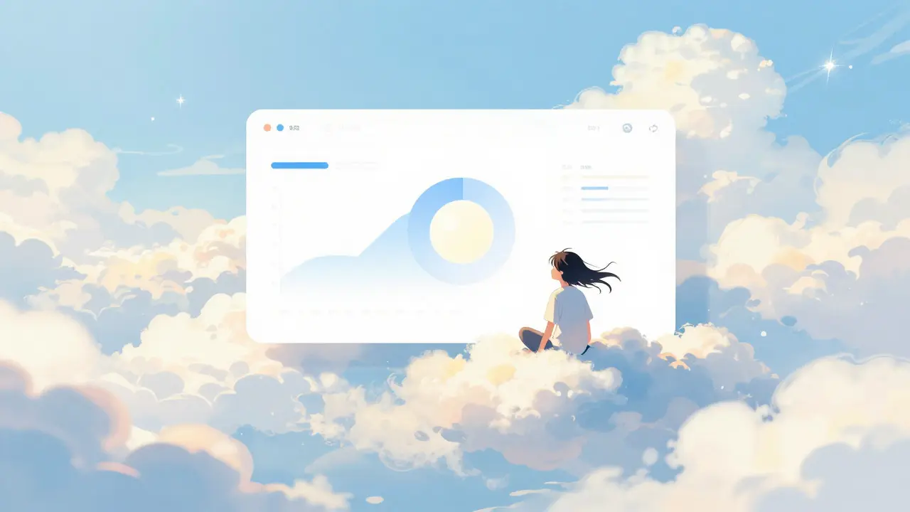 Character sitting on a cloud reviewing a simple digital interface