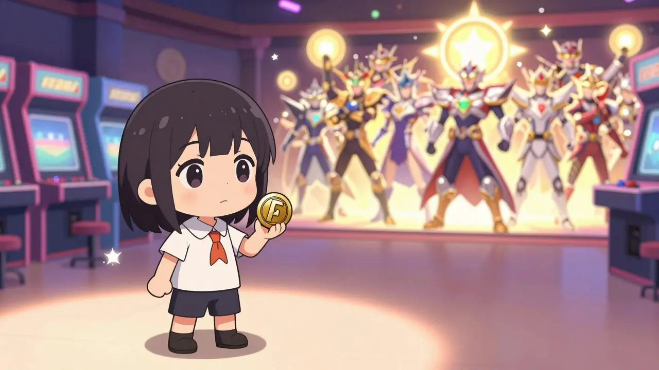 Chibi anime character holding a token next to distant giant gaming coins.