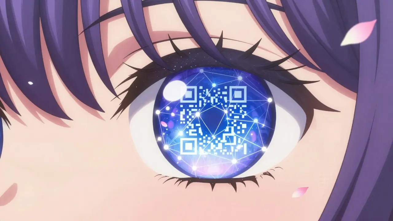 Close-up of a large, expressive anime eye reflecting secure blockchain connections and data protection.