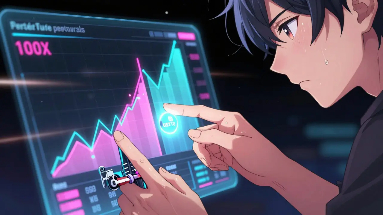 Close-up of hands adjusting a holographic 100x leverage trading interface in neon colors