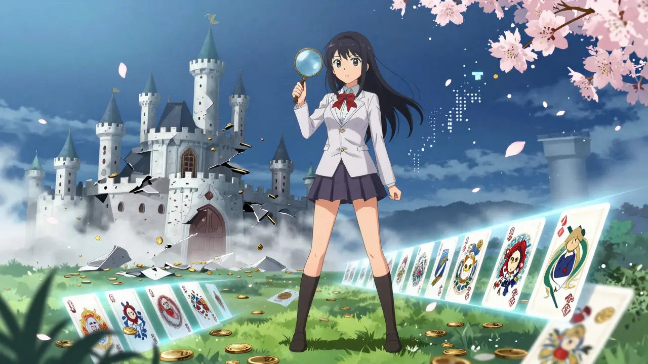 Confident anime woman standing firm as coin castle crumbles