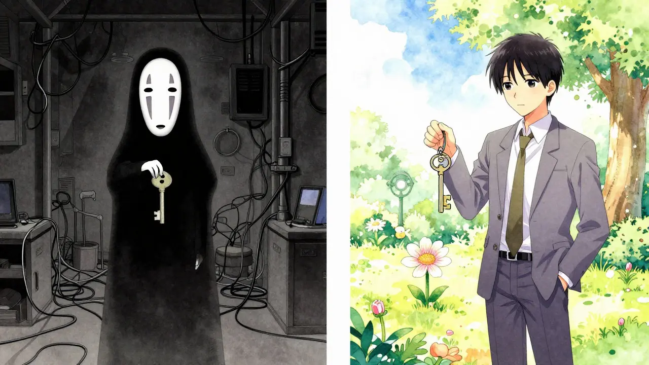 Contrast between a dark custodial trap and a bright, free non-custodial garden in Shoujo manga art.