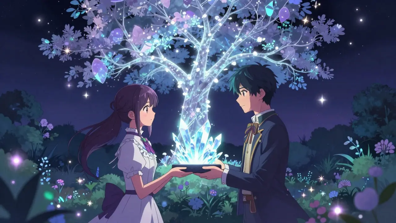 Couple viewing a glowing crystal tree representing staking rewards