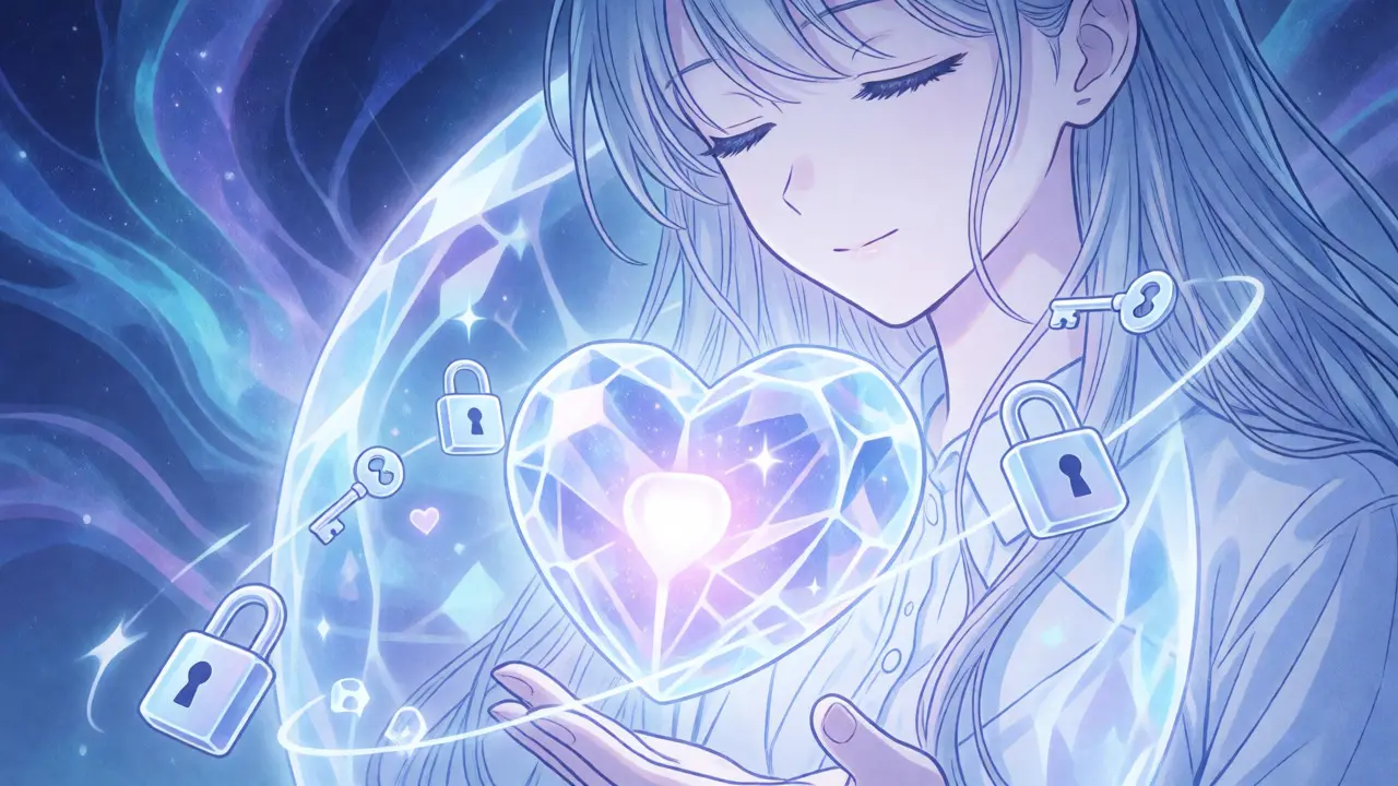Crystal shield protecting crypto funds with floating lock icons