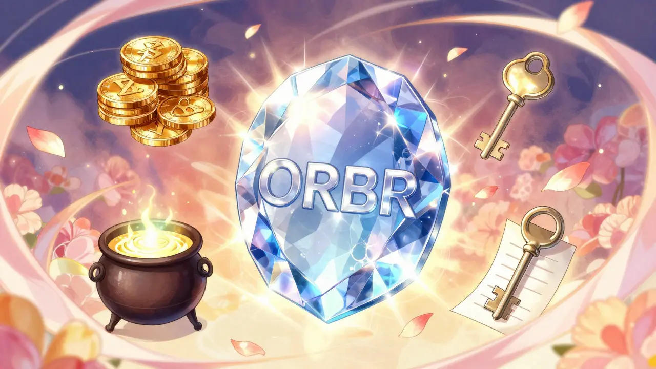 Crystalline ORBR token surrounded by symbols of staking, rewards, and governance