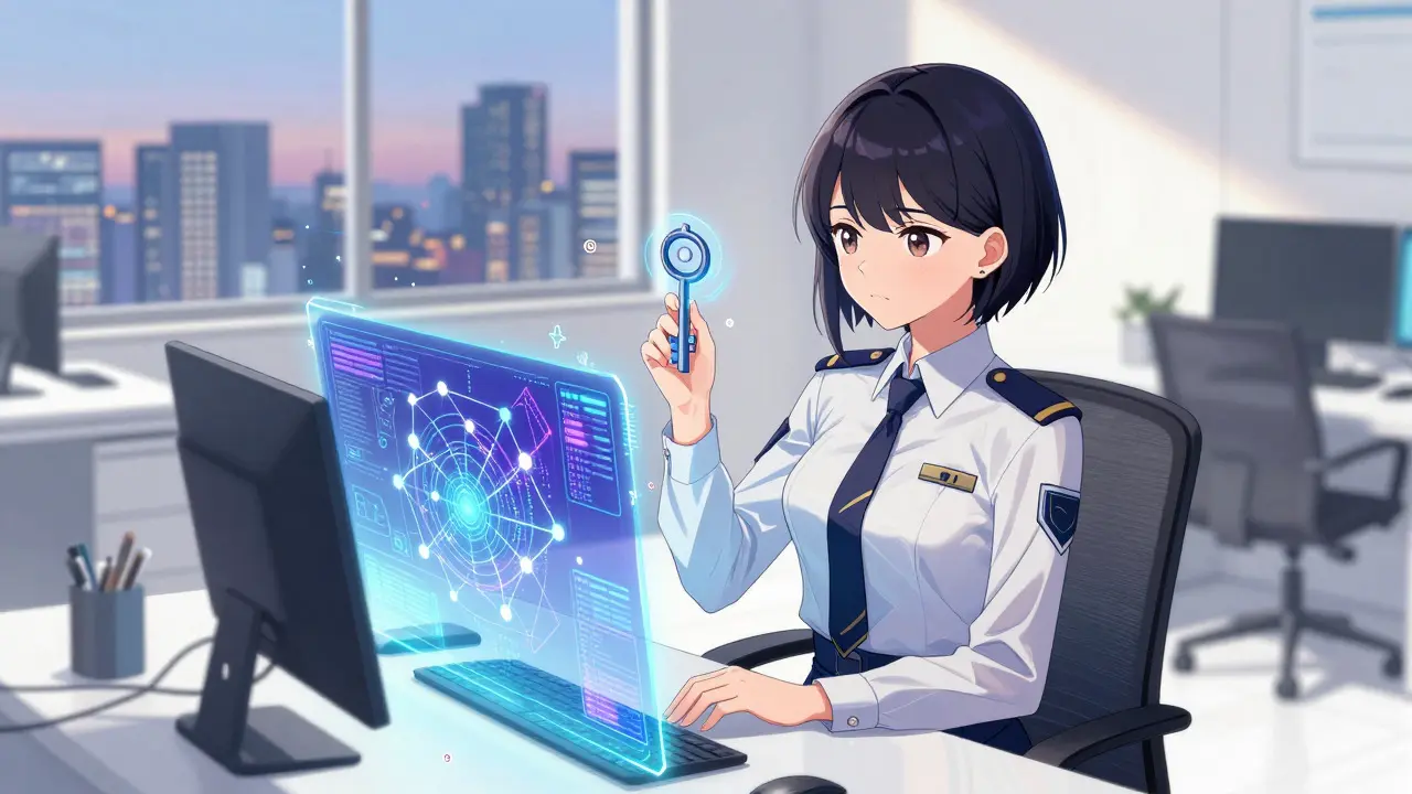 Female regulator overseeing holographic data networks in a modern office