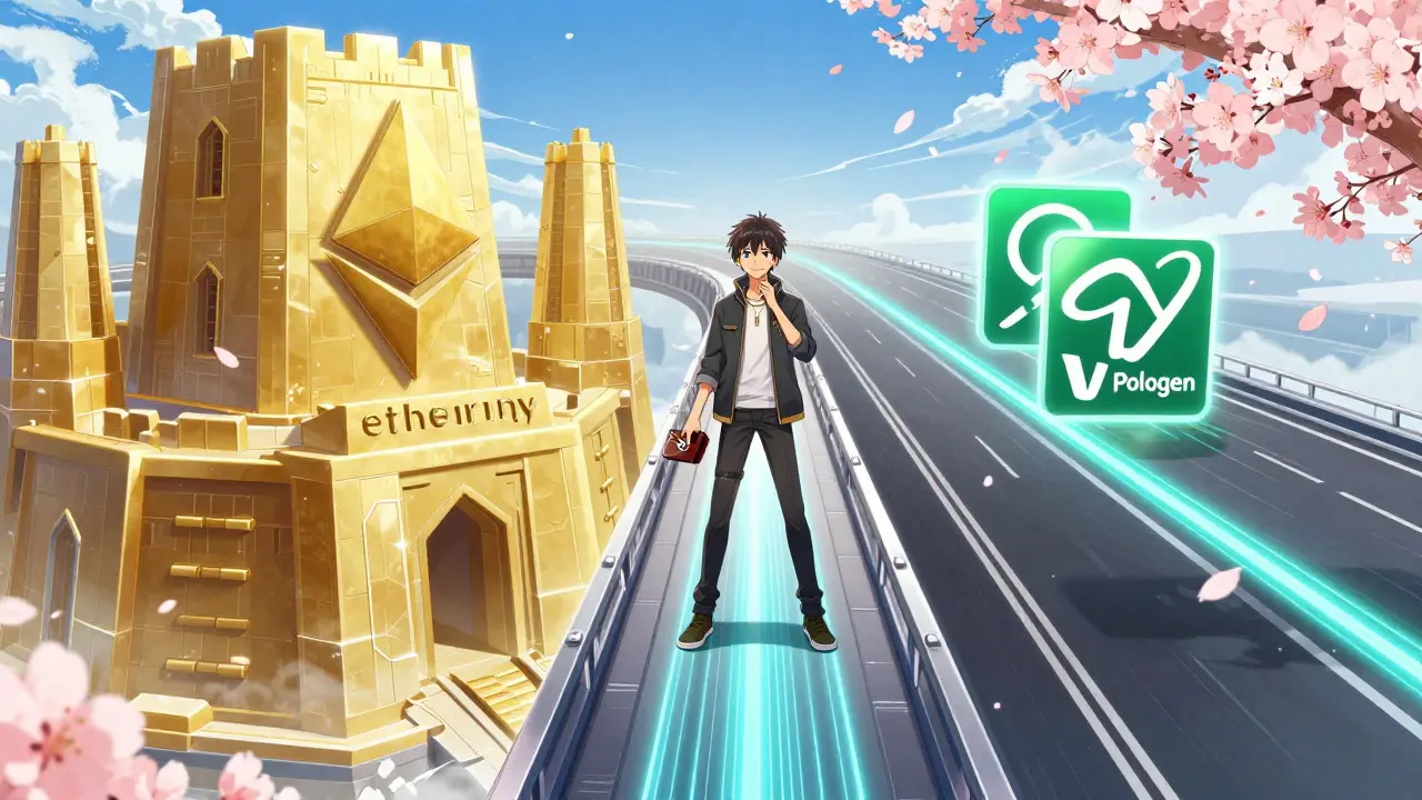 Futuristic bridge connecting Ethereum and Polygon networks in shoujo manga style
