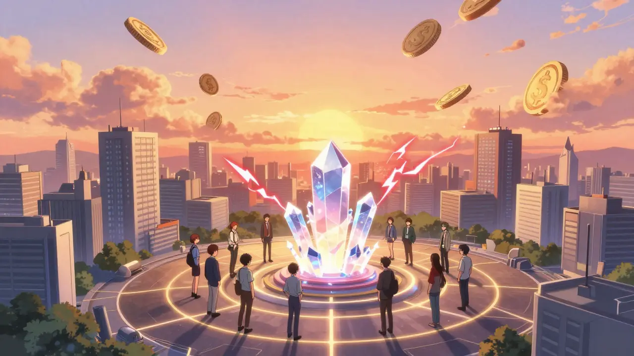 Futuristic city protected by a glowing crystal oracle under a sunset sky in anime style