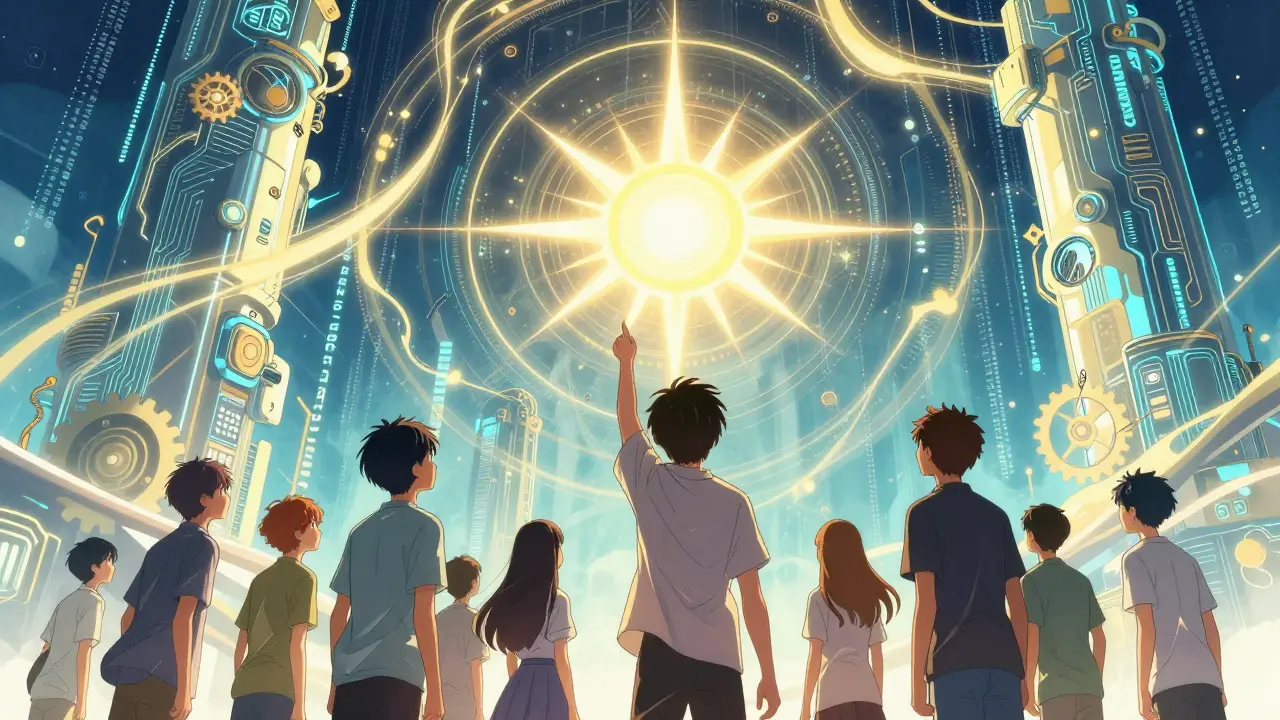 Group of anime characters observing a futuristic tech structure