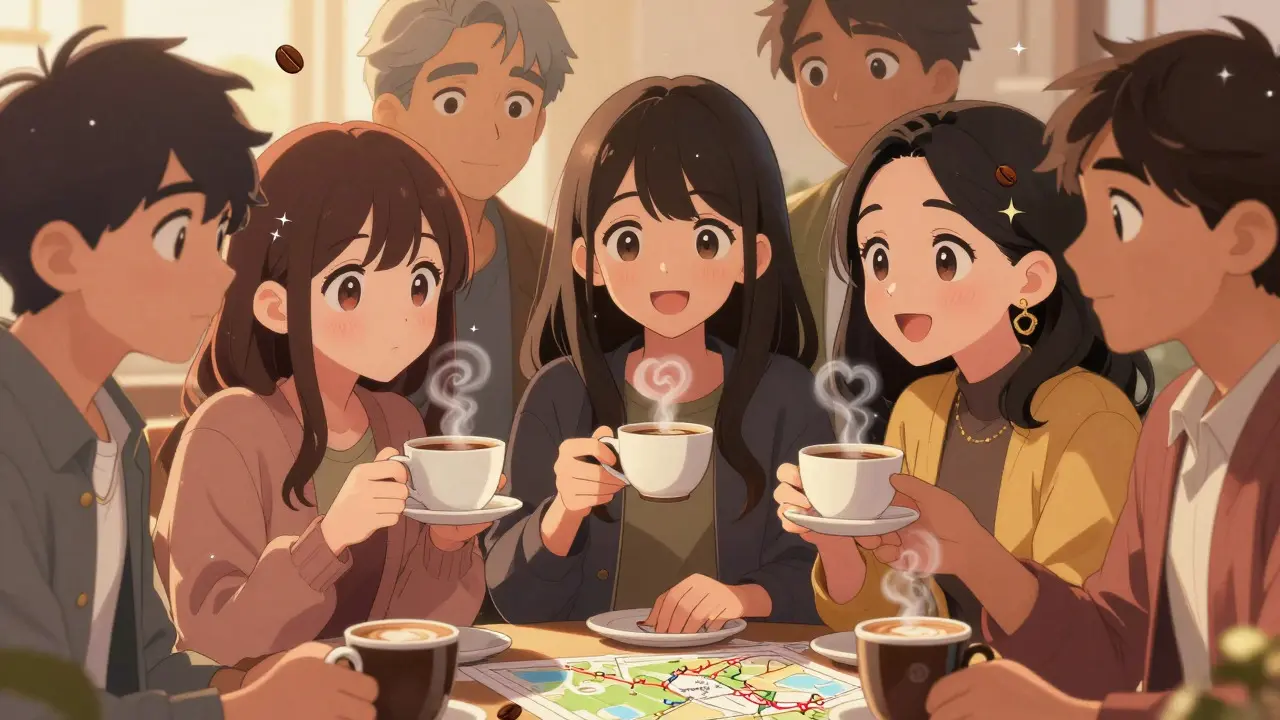 Group of anime characters sharing coffee and celebrating community success