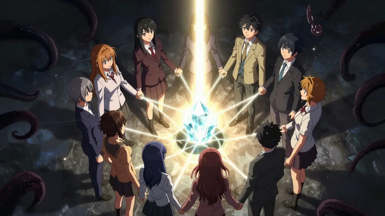 Group of manga characters forming a protective circle around a glowing data crystal