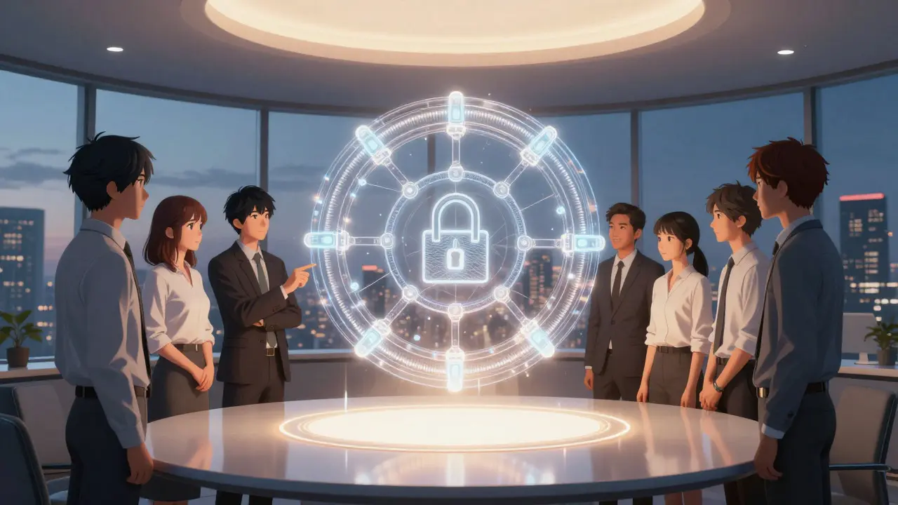 Group of people surrounding a transparent light structure representing a smart contract