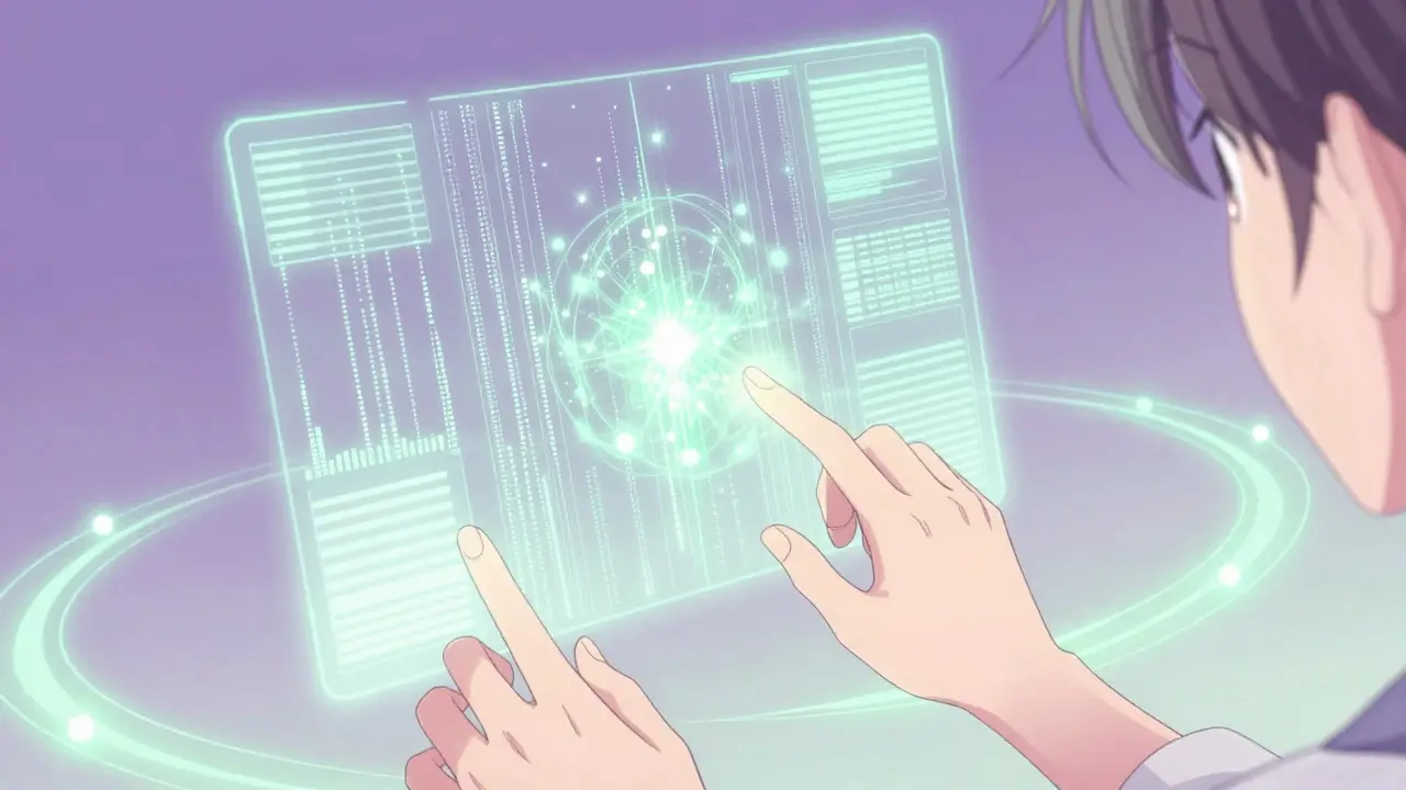 Hands reaching toward glowing digital points display in anime style