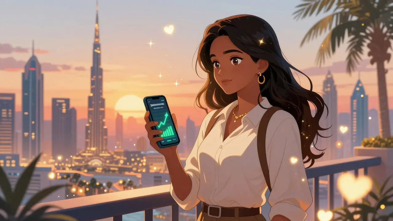 Happy anime trader enjoying Dubai's zero-tax crypto environment with city view