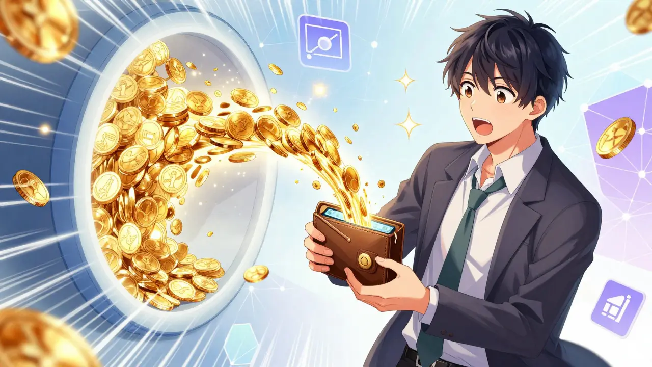 Male anime character receiving golden tokens from a portal