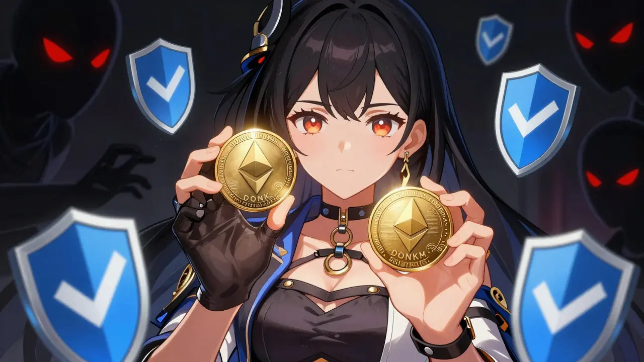 Manga character distinguishing real DONK from scam DONKM tokens