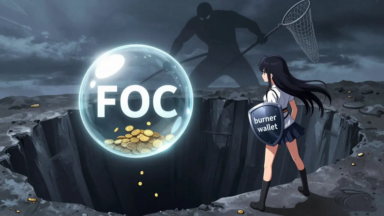 Manga character guarding against scams near a fragile crypto bubble