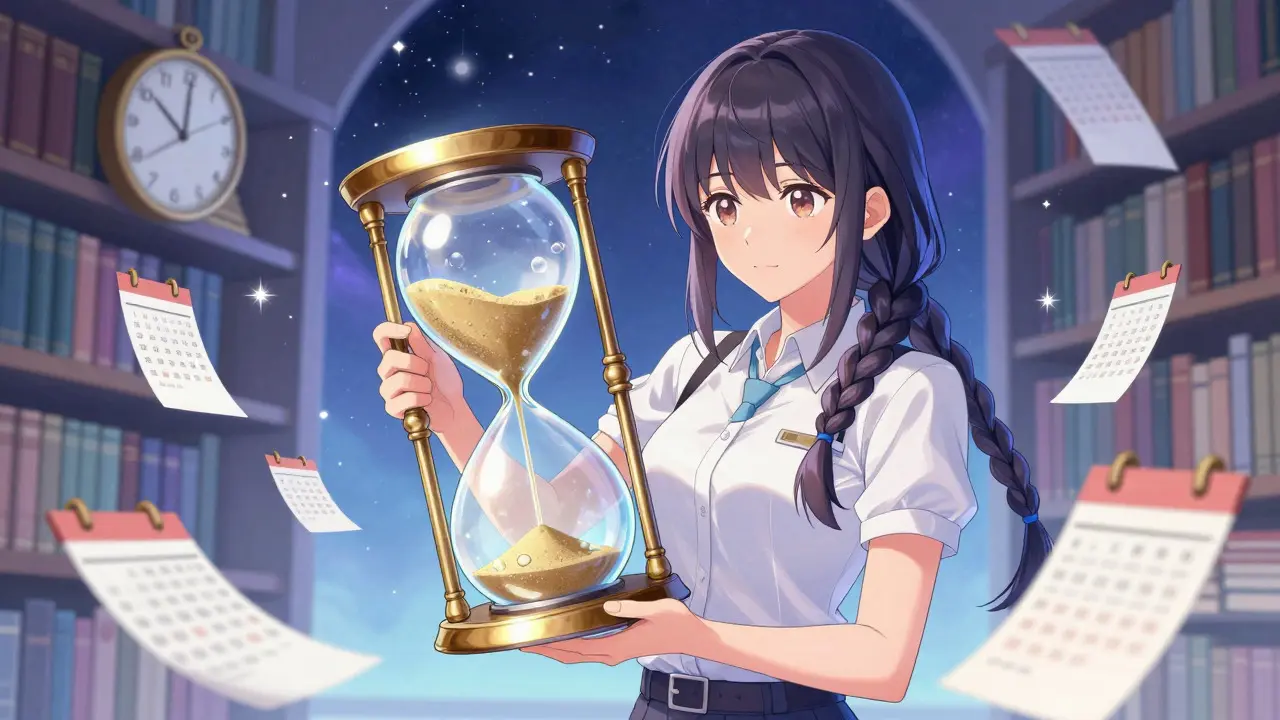 Manga character holding a crystal hourglass with glowing orbs falling inside