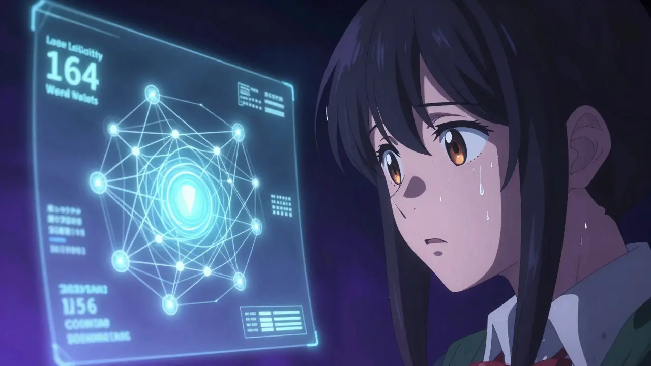 Manga character looking worriedly at a fragile blockchain network diagram.