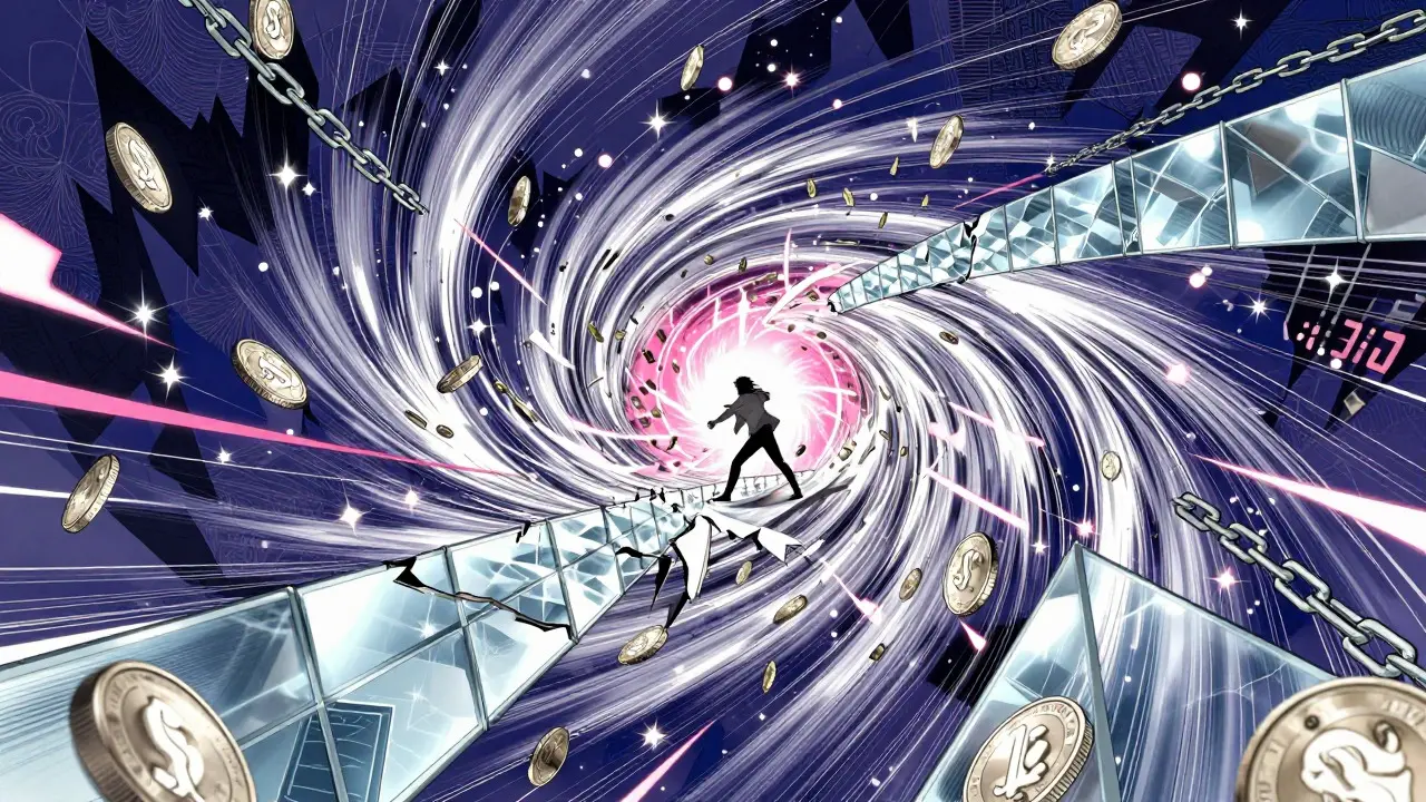 Manga character struggling in a swirling vortex of falling coins