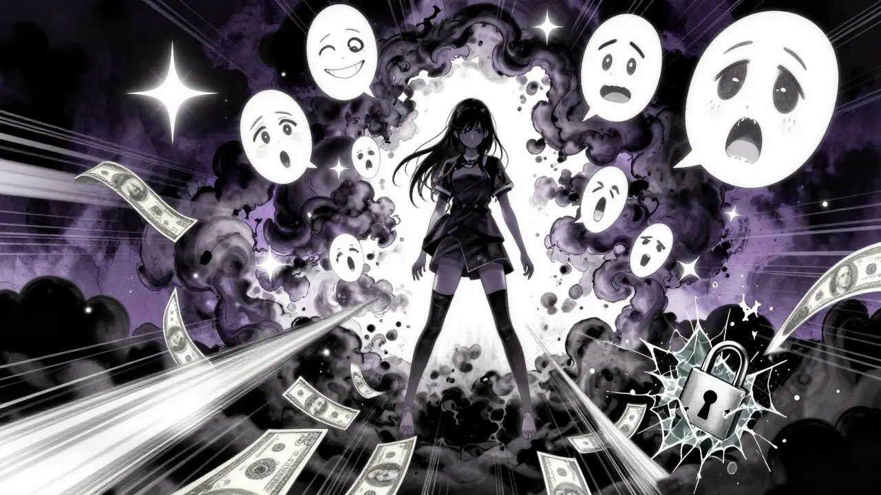 Manga character surrounded by chaotic shadows and ghostly faces