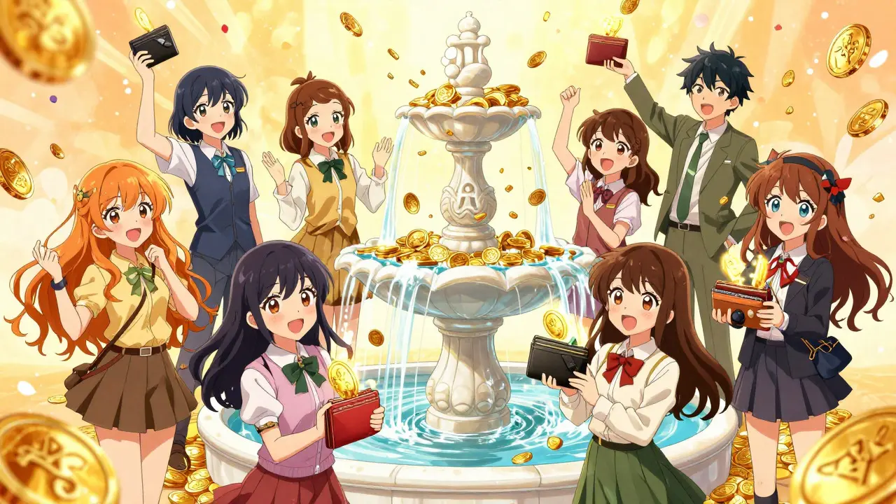 Manga characters receiving golden coins from a magical fountain