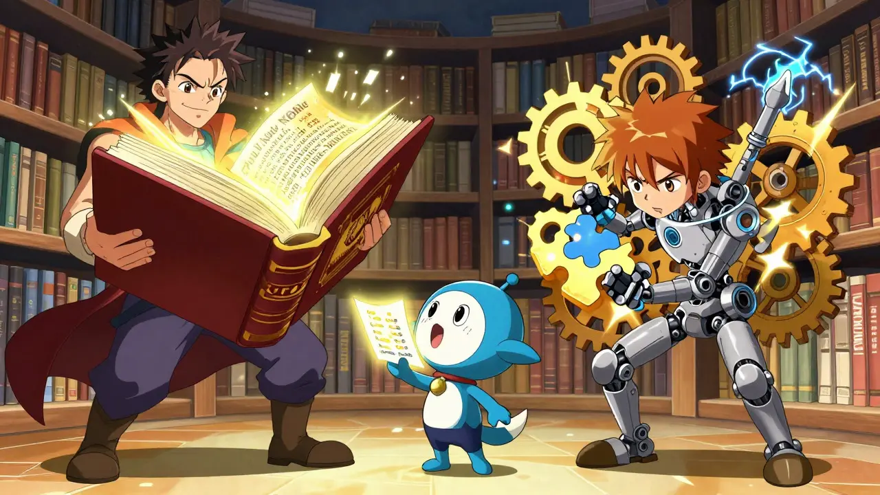 Manga characters representing full, lightweight, and miner nodes in a magical library