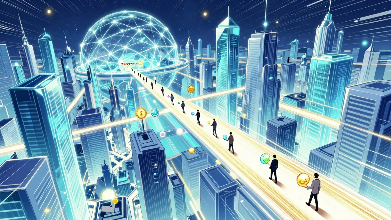 Manga illustration of a futuristic floating city with glowing trade paths