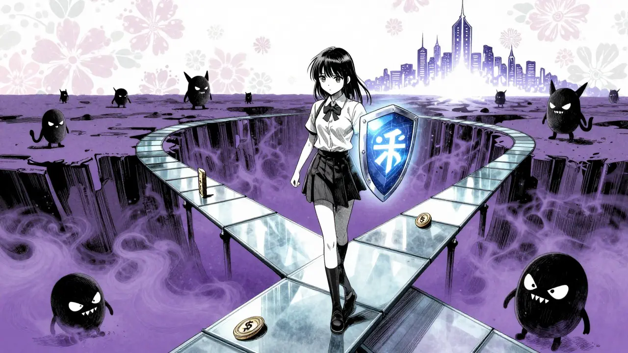 Manga illustration of a girl walking a glass bridge over a misty chasm