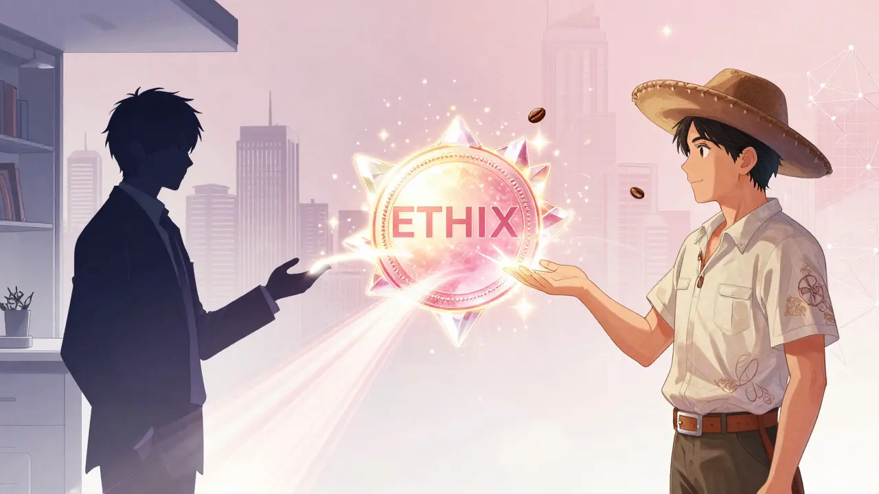 Manga style glowing token bridging investor and farmer with magical sparkles