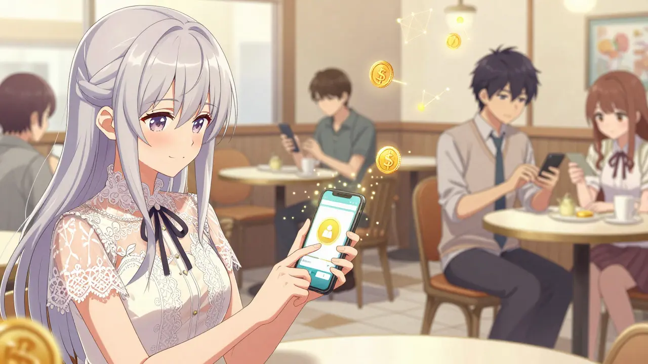 People making instant digital payments in a cafe anime style