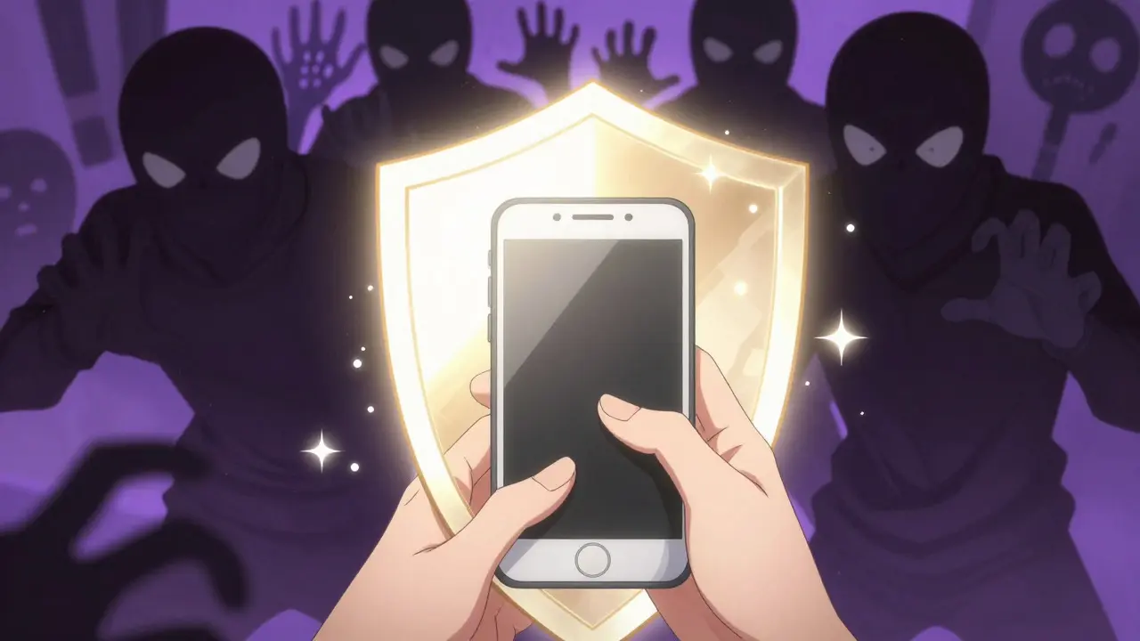 Protective light shield guarding phone from shadowy figures
