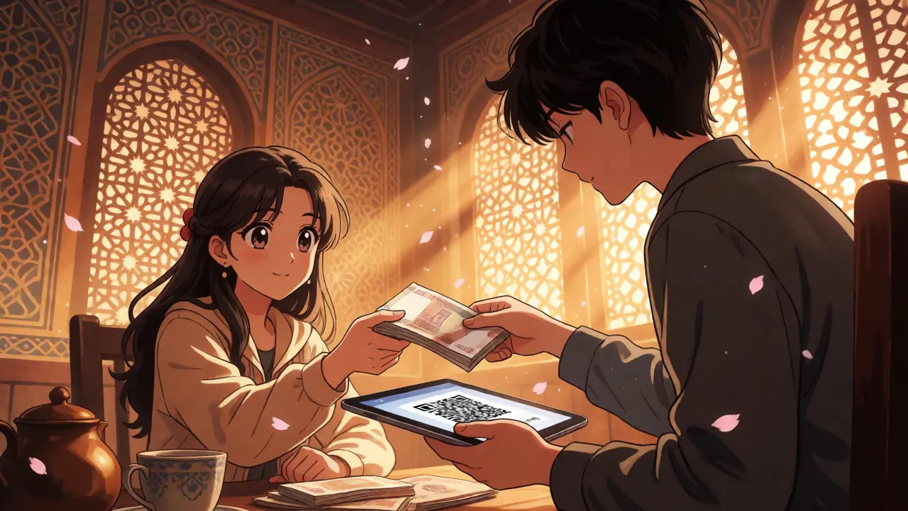 Secretive peer-to-peer crypto exchange in a warm, patterned Egyptian tea house