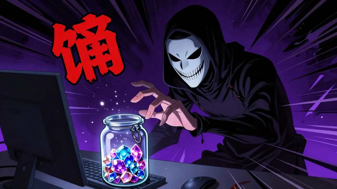 Shadowy anime villain stealing from a digital wallet jar in manga style