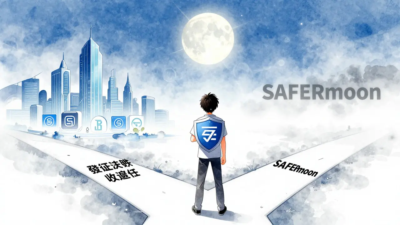 Shoujo manga character choosing safe crypto path with verification shield under moonlight.