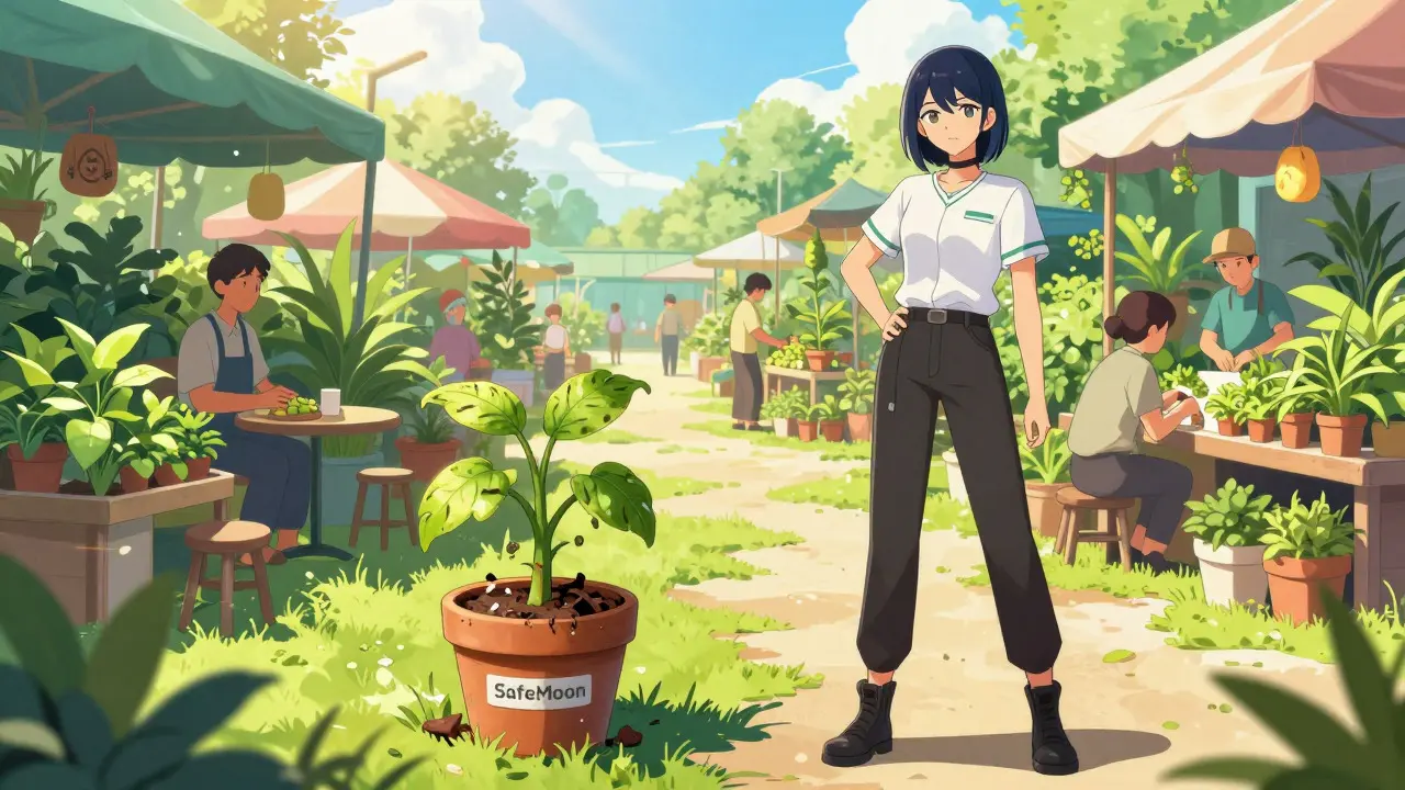 Shoujo manga girl in vibrant market with healthy plants vs withered token