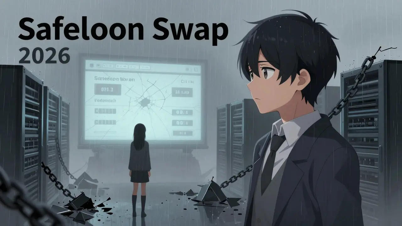 Shoujo manga girl looking sad in foggy, abandoned digital exchange ruins