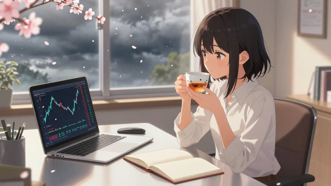 Shoujo style girl analyzing bearish crypto charts calmly