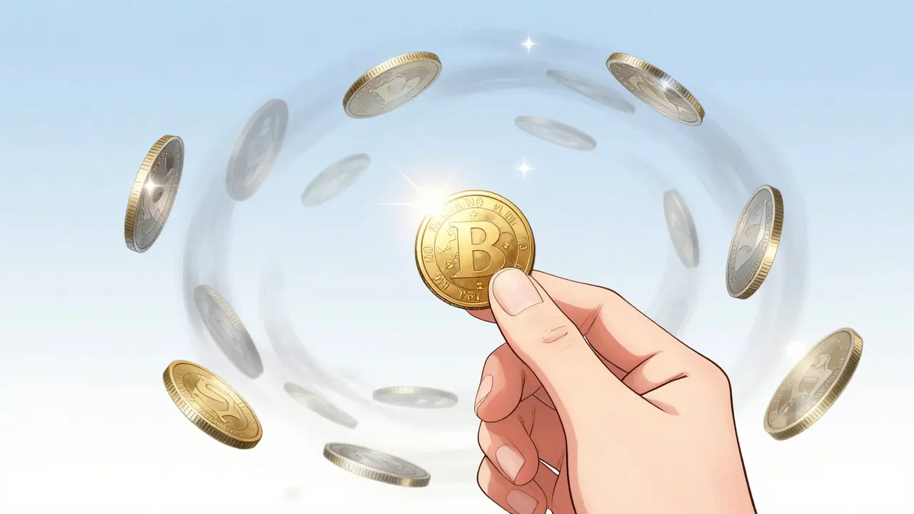 Single golden coin surrounded by fading ghosts in shoujo style