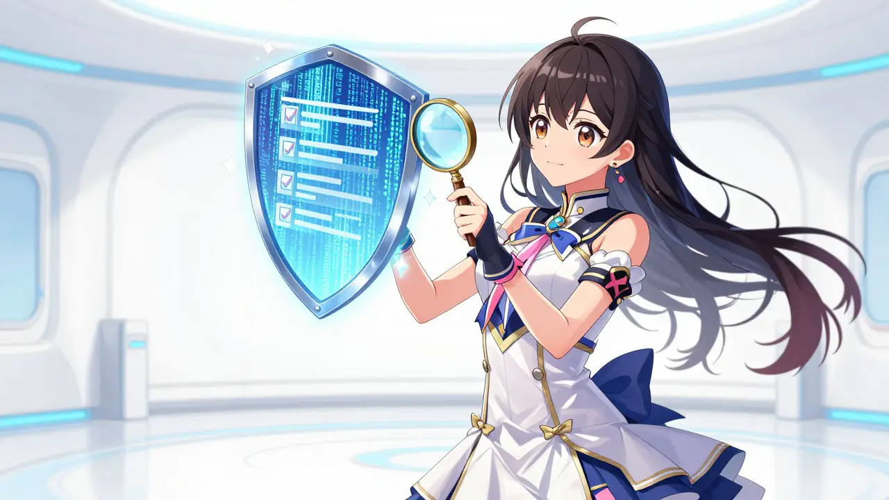 Stylish girl holding a digital shield and checklist for crypto safety.
